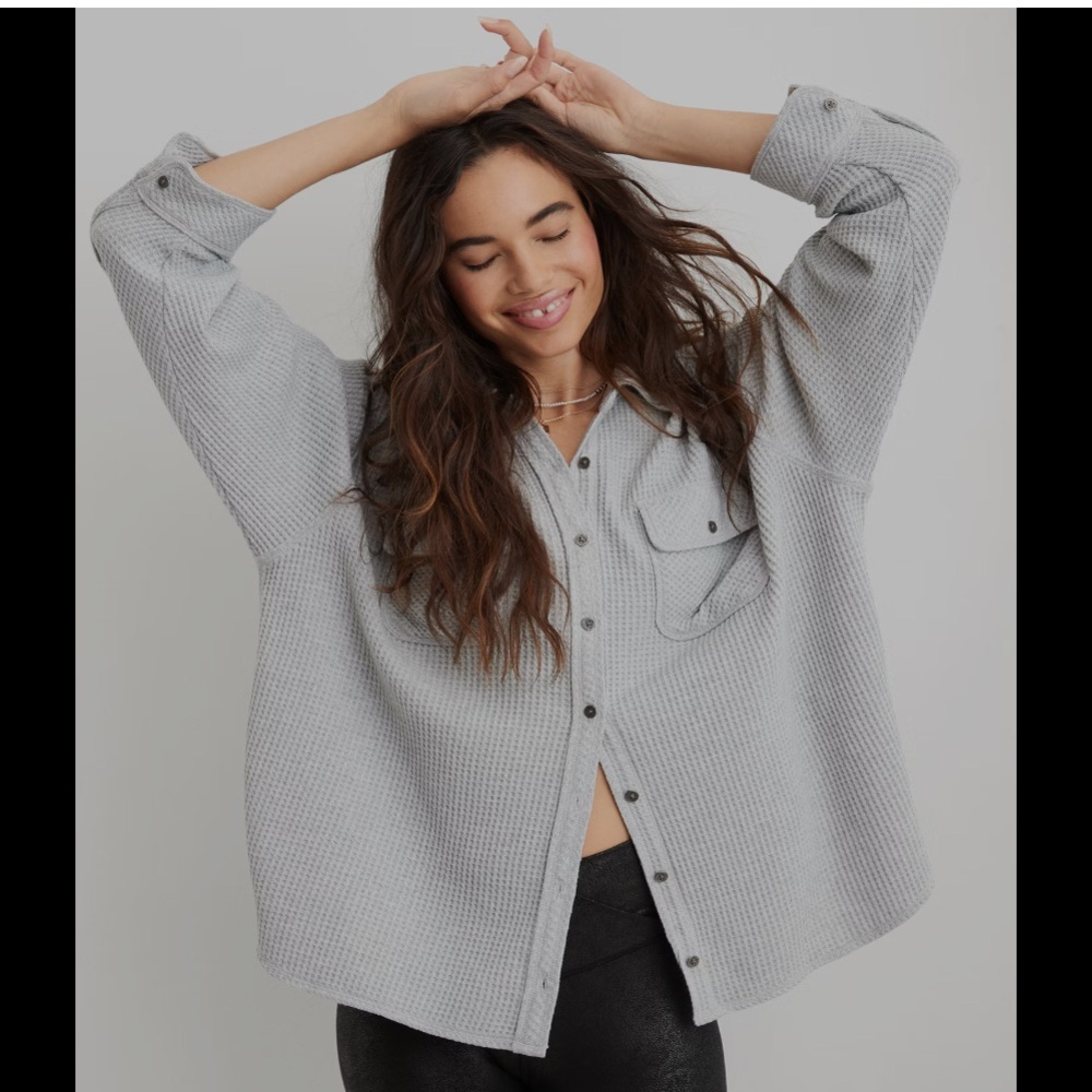Aerie Grey Waffle Knit Button-Up  - XL